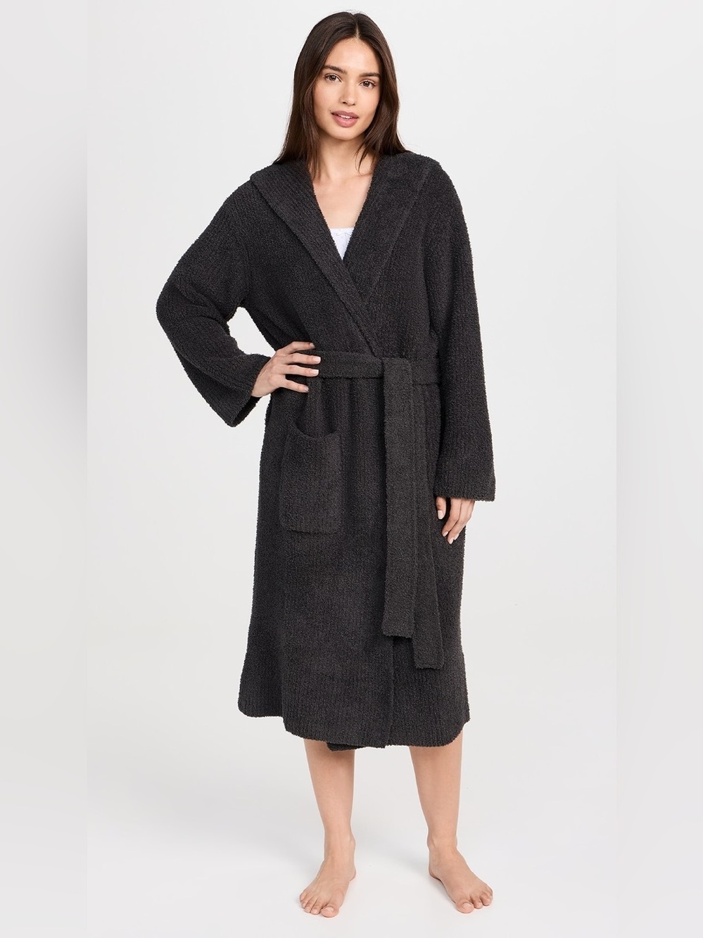 $158 NWT Barefoot Dreams
CozyChic Ribbed Hooded Robe in Carbon Gray size 2= M/L